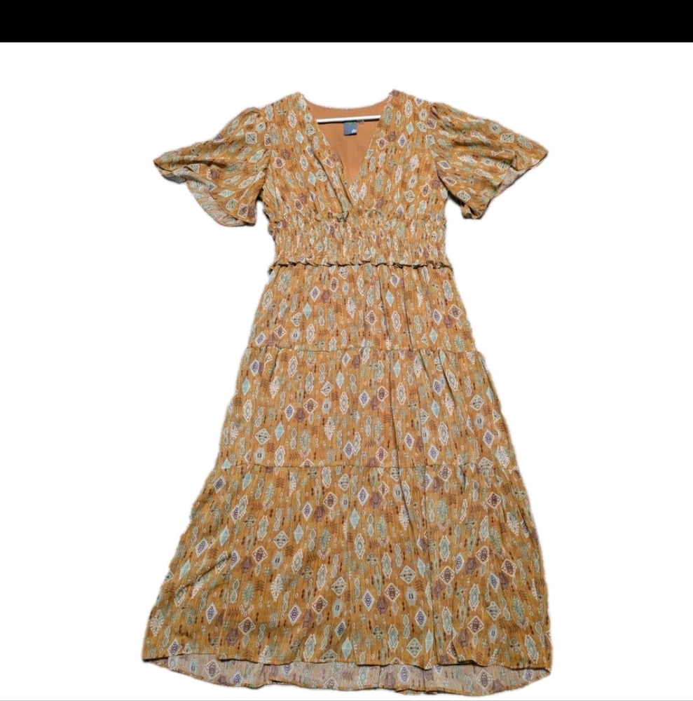 Taylor Womens Boho Midi Tiered Dress Mustard Yellow Sz Large Smocked Flutter